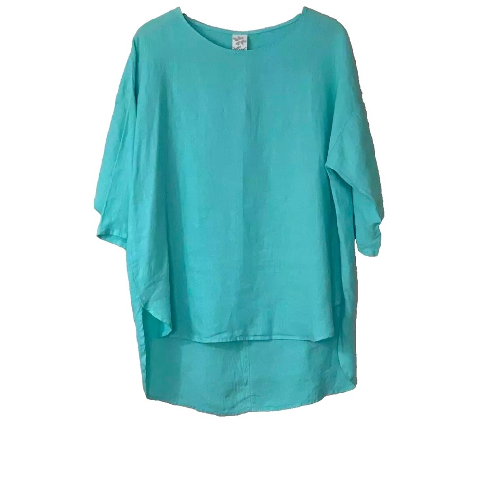 Match Point USA Linen Lagenlook Oversized Beach Tunic Top Aqua Hi-Low Hem Size S